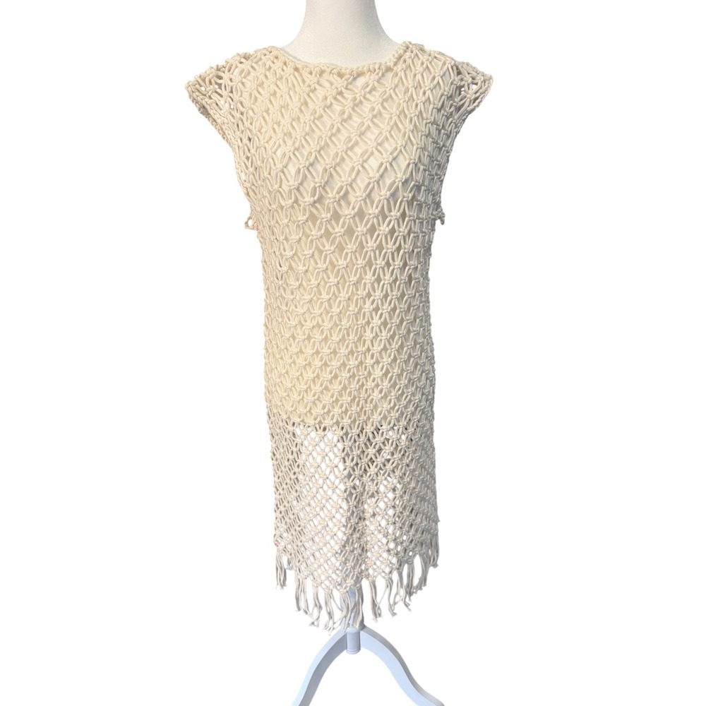 J.Crew Ivory Hand Crocheted Macrame Fringed Cover-Up Dress CA870 Womens M-L New